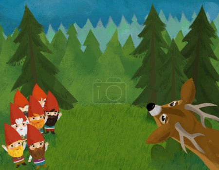 Foto de Cartoon scene with animals and dwarfs in the forest illustration for children - Imagen libre de derechos