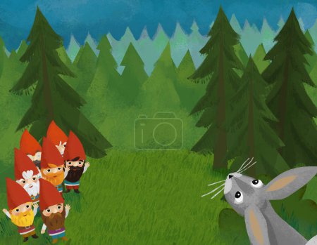 Photo for Cartoon scene with animals and dwarfs in the forest illustration for children - Royalty Free Image