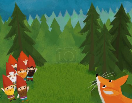 cartoon scene with animals and dwarfs in the forest illustration for children
