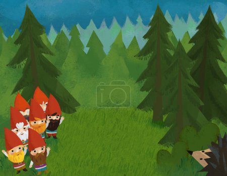 Téléchargez les photos : Cartoon scene with animals and dwarfs in the forest illustration for children - en image libre de droit