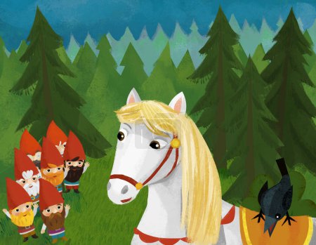 Téléchargez les photos : Cartoon scene with animals and dwarfs in the forest illustration for children - en image libre de droit