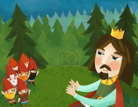 Foto de Cartoon scene with prince in the forest near some dwarfs illustration for children - Imagen libre de derechos