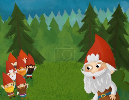 Téléchargez les photos : Cartoon scene with dwarfs in the forest illustration for children - en image libre de droit