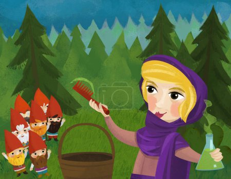 Téléchargez les photos : Cartoon scene with witch sorceress queen disguised as old woman illustration for children - en image libre de droit