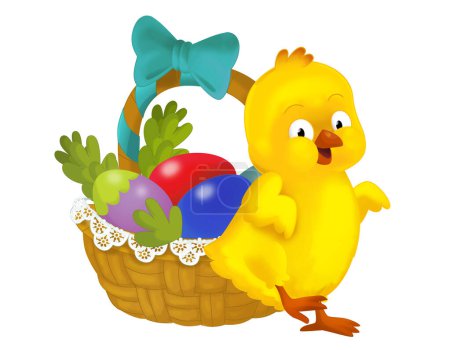 Foto de Happy easter chicken with basket full of eggs isolated illustration for children - Imagen libre de derechos