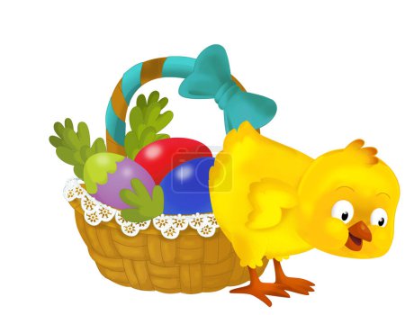 Téléchargez les photos : Happy easter chicken with basket full of eggs isolated illustration for children - en image libre de droit