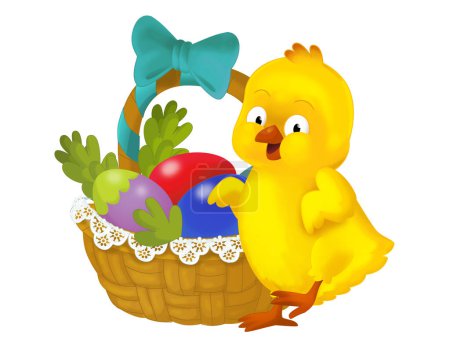Foto de Happy easter chicken with basket full of eggs isolated illustration for children - Imagen libre de derechos