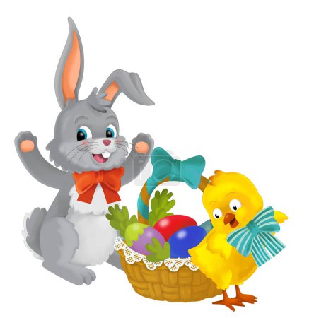 Foto de Easter rabbit and chicken with easter eggs in basket isolated illustration for children - Imagen libre de derechos