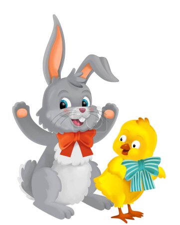 Téléchargez les photos : Playful easter rabbit and chicken having fun isolated illustration for children - en image libre de droit