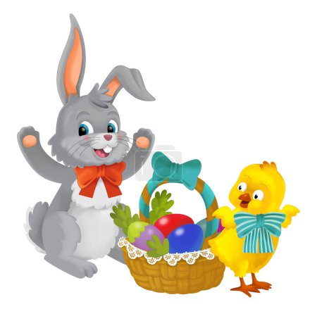 Téléchargez les photos : Easter rabbit and chicken with easter eggs in basket isolated illustration for children - en image libre de droit