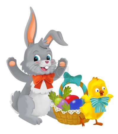 Téléchargez les photos : Easter rabbit and chicken with easter eggs in basket isolated illustration for children - en image libre de droit