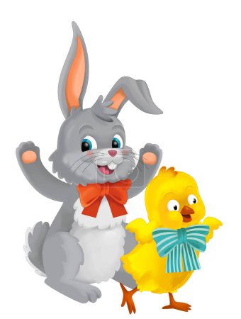 Photo for Playful easter rabbit and chicken having fun isolated illustration for children - Royalty Free Image