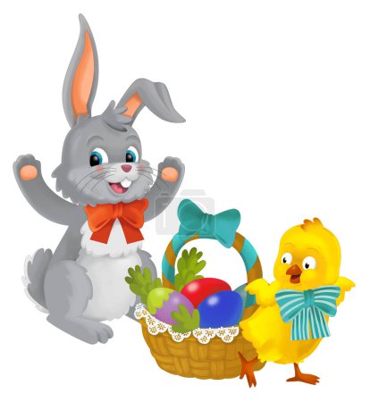 Photo for Easter rabbit and chicken with easter eggs in basket isolated illustration for children - Royalty Free Image