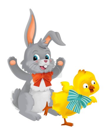 Foto de Playful easter rabbit and chicken having fun isolated illustration for children - Imagen libre de derechos