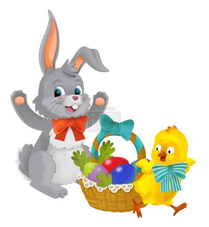 Foto de Easter rabbit and chicken with easter eggs in basket isolated illustration for children - Imagen libre de derechos
