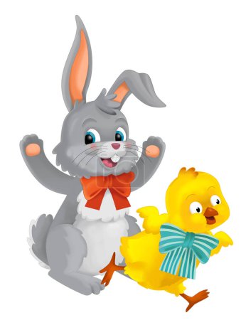 Foto de Playful easter rabbit and chicken having fun isolated illustration for children - Imagen libre de derechos