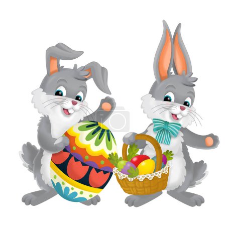 Photo for Cartoons scene with easter bunnies with eggs isolated illustration for children - Royalty Free Image
