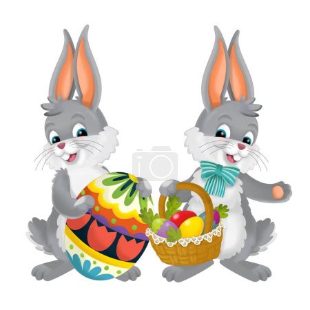 Foto de Cartoons scene with easter bunnies with eggs isolated illustration for children - Imagen libre de derechos