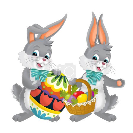 Photo for Cartoons scene with easter bunnies with eggs isolated illustration for children - Royalty Free Image