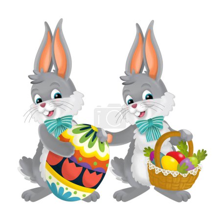 Téléchargez les photos : Cartoons scene with easter bunnies with eggs isolated illustration for children - en image libre de droit