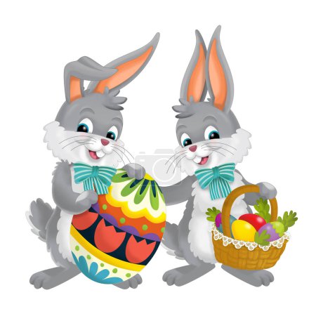 Foto de Cartoons scene with easter bunnies with eggs isolated illustration for children - Imagen libre de derechos