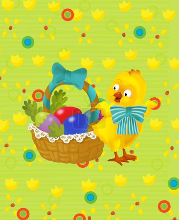 Photo for Cartoon scene with easter chicken on the meadow background illustration for children - Royalty Free Image