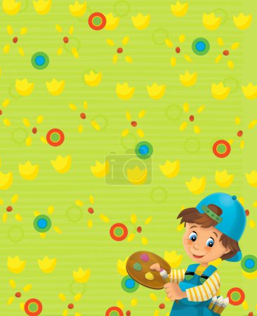 Téléchargez les photos : Cartoon easter scene with boy on the meadow background illustration for children - en image libre de droit