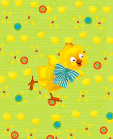 Foto de Cartoon scene with easter chicken on the meadow background illustration for children - Imagen libre de derechos