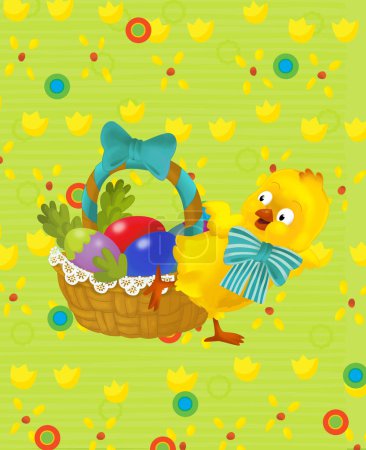 Téléchargez les photos : Cartoon scene with easter chicken on the meadow background illustration for children - en image libre de droit