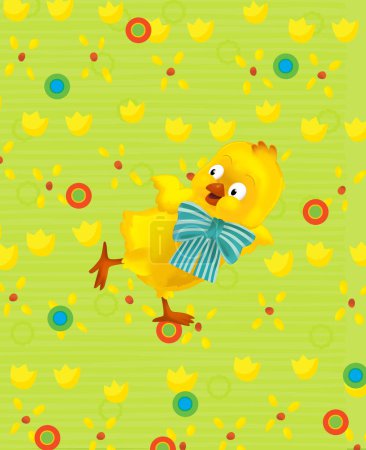 Photo for Cartoon scene with easter chicken on the meadow background illustration for children - Royalty Free Image