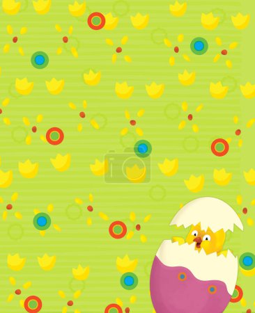 Foto de Cartoon scene with easter chicken on the meadow background illustration for children - Imagen libre de derechos