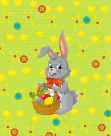 Téléchargez les photos : Cartoon scene with easter bunny rabbit on the meadow background illustration for children - en image libre de droit