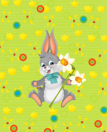 Foto de Cartoon scene with easter bunny rabbit on the meadow background illustration for children - Imagen libre de derechos
