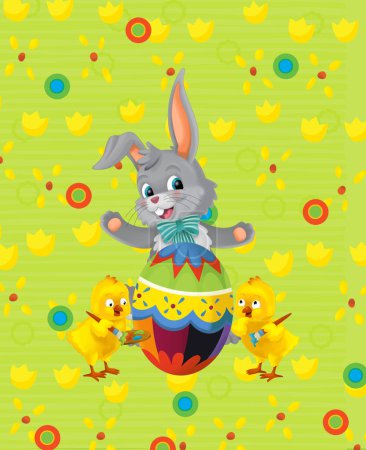 Téléchargez les photos : Cartoon scene with easter bunny rabbit and chicken on the meadow background illustration for children - en image libre de droit