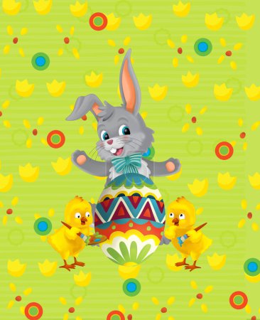 Photo for Cartoon scene with easter bunny rabbit and chicken on the meadow background illustration for children - Royalty Free Image