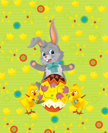 Téléchargez les photos : Cartoon scene with easter bunny rabbit and chicken on the meadow background illustration for children - en image libre de droit