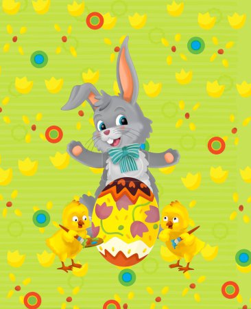 Photo for Cartoon scene with easter bunny rabbit and chicken on the meadow background illustration for children - Royalty Free Image