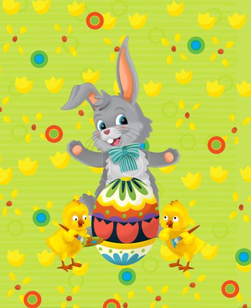 Foto de Cartoon scene with easter bunny rabbit and chicken on the meadow background illustration for children - Imagen libre de derechos