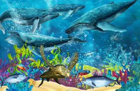 Téléchargez les photos : Scène de dessin animé avec baleine près du récif corallien - illustration pour enfants - en image libre de droit
