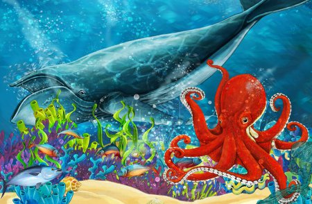 Téléchargez les photos : Scène de dessin animé avec baleine et poulpe près du récif corallien - illustration pour enfants - en image libre de droit