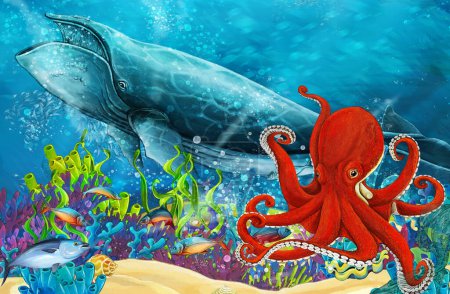 Foto de Escena de dibujos animados con ballena y pulpo cerca de los arrecifes de coral - ilustración para niños - Imagen libre de derechos