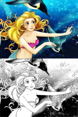 Foto de Cartoon scene with coral reef animals underwater with swimming mermaid illustration for children - Imagen libre de derechos