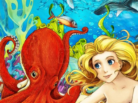Photo for Cartoon scene with coral reef animals underwater with swimming mermaid illustration for children - Royalty Free Image