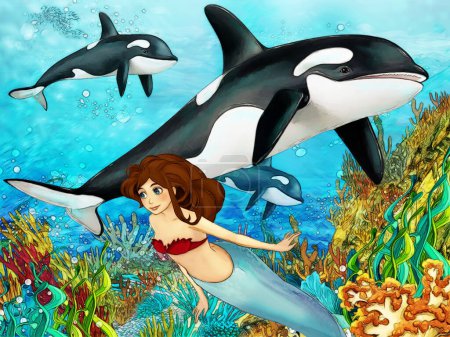 Foto de Cartoon scene with coral reef animals underwater with swimming mermaid illustration for children - Imagen libre de derechos