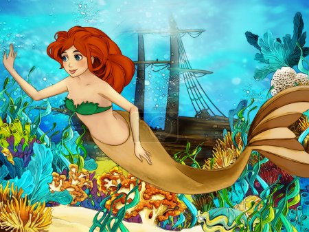Photo for Cartoon scene with coral reef animals underwater with swimming mermaid illustration for children - Royalty Free Image