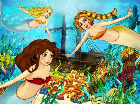 Téléchargez les photos : Cartoon scene with coral reef animals underwater with swimming mermaid illustration for children - en image libre de droit
