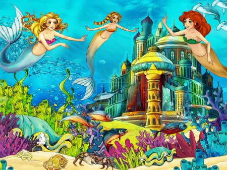 Téléchargez les photos : Cartoon scene with coral reef animals underwater with swimming mermaid illustration for children - en image libre de droit