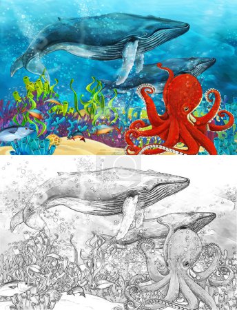 Téléchargez les photos : Scène de dessin animé avec baleine et poulpe près du récif corallien - illustration pour enfants - en image libre de droit