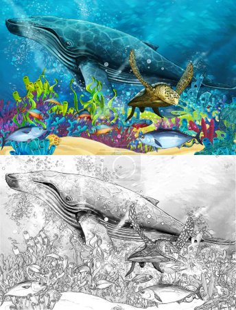 Téléchargez les photos : Scène de dessin animé avec baleine près du récif corallien - illustration pour enfants - en image libre de droit