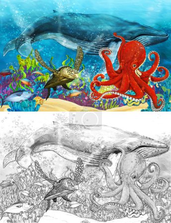Foto de Escena de dibujos animados con ballena y pulpo cerca de los arrecifes de coral - ilustración para niños - Imagen libre de derechos